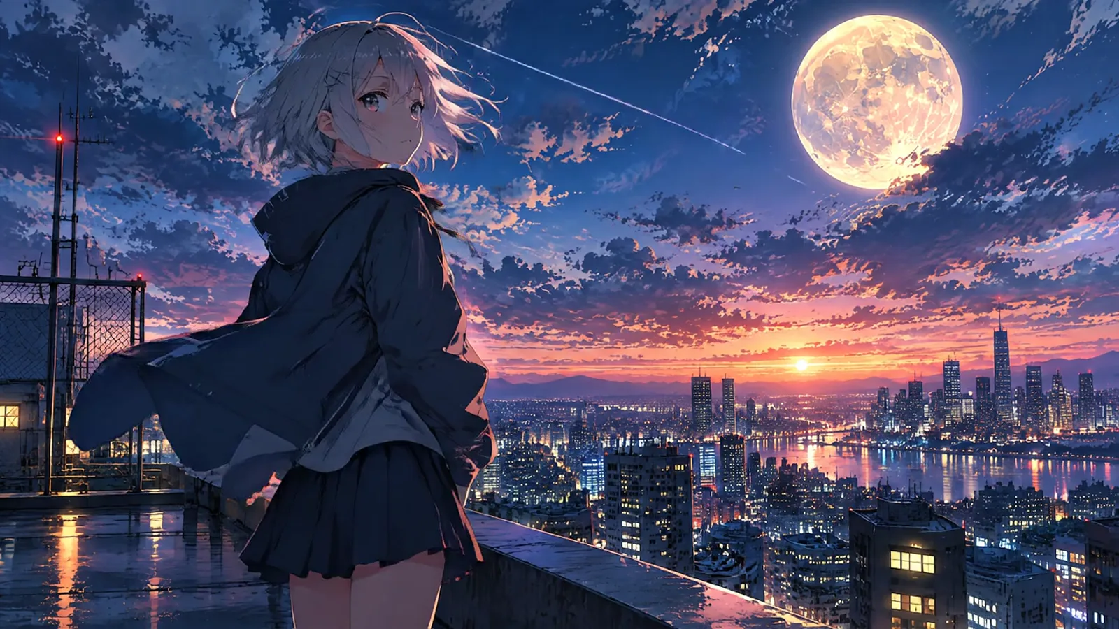 Veo 3.1 Fast example: Anime girl on a rooftop under a huge glowing moon