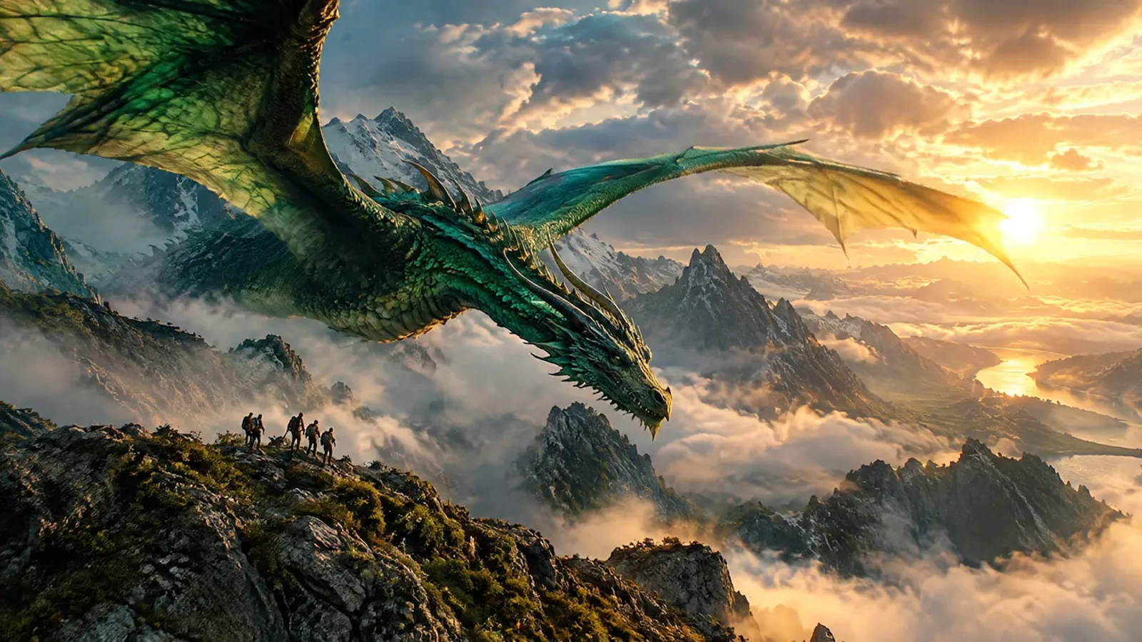 Veo 3.1 Fast example: Emerald dragon gliding over misty mountain peaks at sunrise
