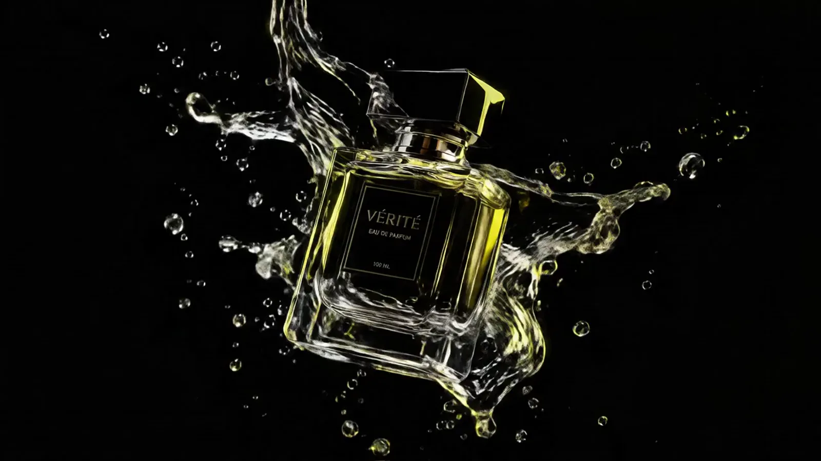 Veo 3.1 Fast example: Perfume bottle turning inside a slow-motion water splash