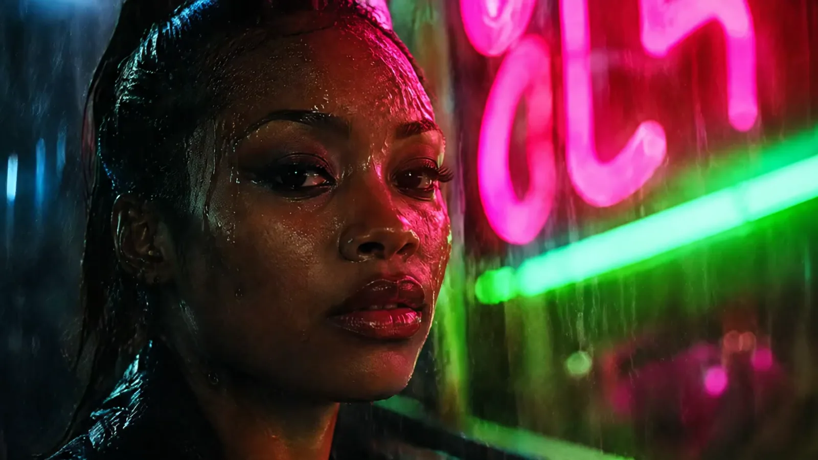 Veo 3.1 Fast example: Woman in night rain under neon light turning to the camera