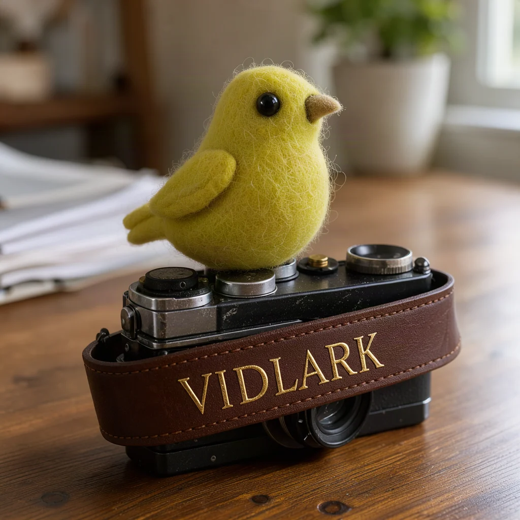 FLUX.3 Klein example: Felt lark figurine on a vintage film camera with VIDLARK embossed in gold on the leather strap