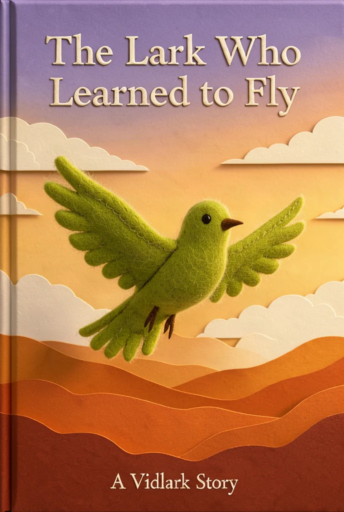 FLUX.3 Klein example: Book cover titled The Lark Who Learned to Fly, A Vidlark Story, a felt lark over paper-cut clouds