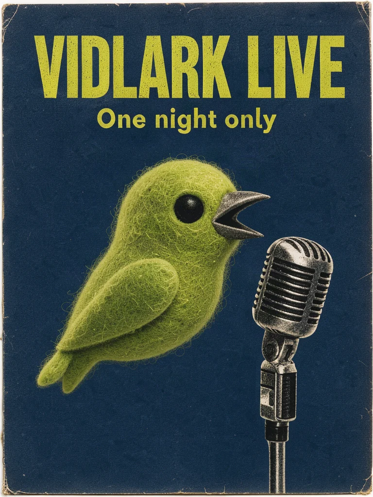 FLUX.3 Klein example: Screen-printed poster reading VIDLARK LIVE and One night only, a felt lark singing into a vintage…