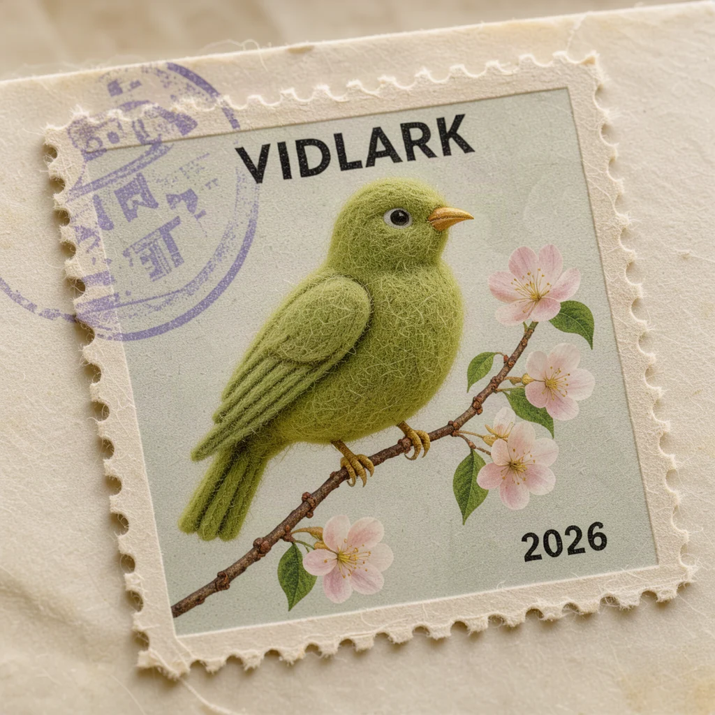 FLUX.3 Klein example: Vintage postage stamp reading VIDLARK and 2026 with a felt lark on a cherry blossom branch