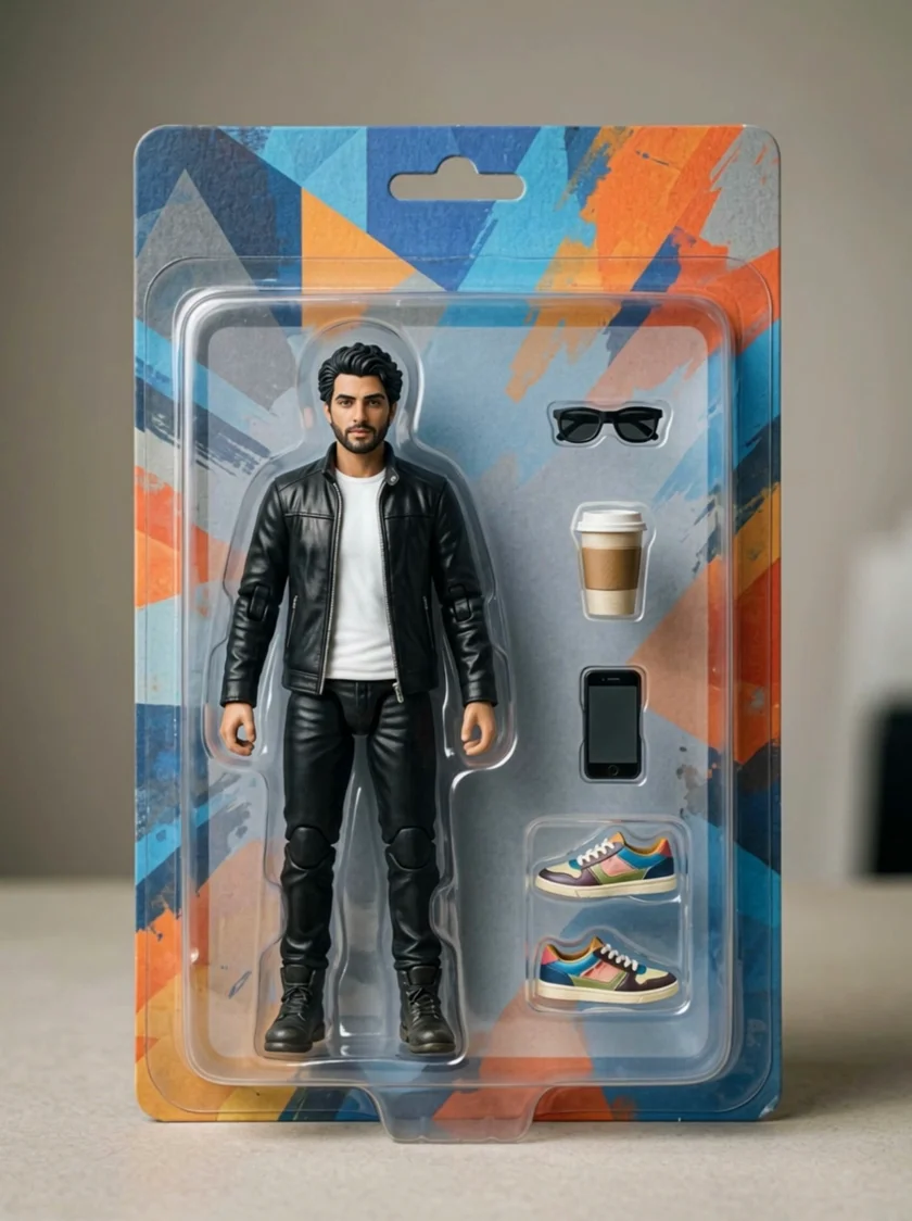 Kling 4.0 example: A boxed action figure in a leather jacket, the camera slowly pushing in as the figure turns its head to…