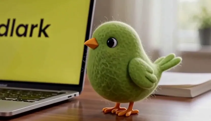 MiniMax H3 Max example: The felt lark from a start photo looking up from a Vidlark laptop, tilting its head and flapping…
