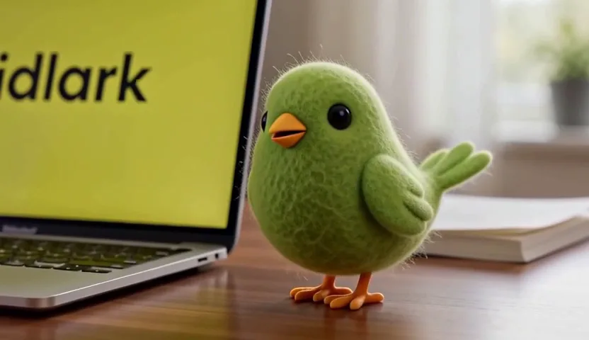 MiniMax H3 Max example: The felt lark hopping onto a desk beside a laptop showing Vidlark, chirping and flapping its wings