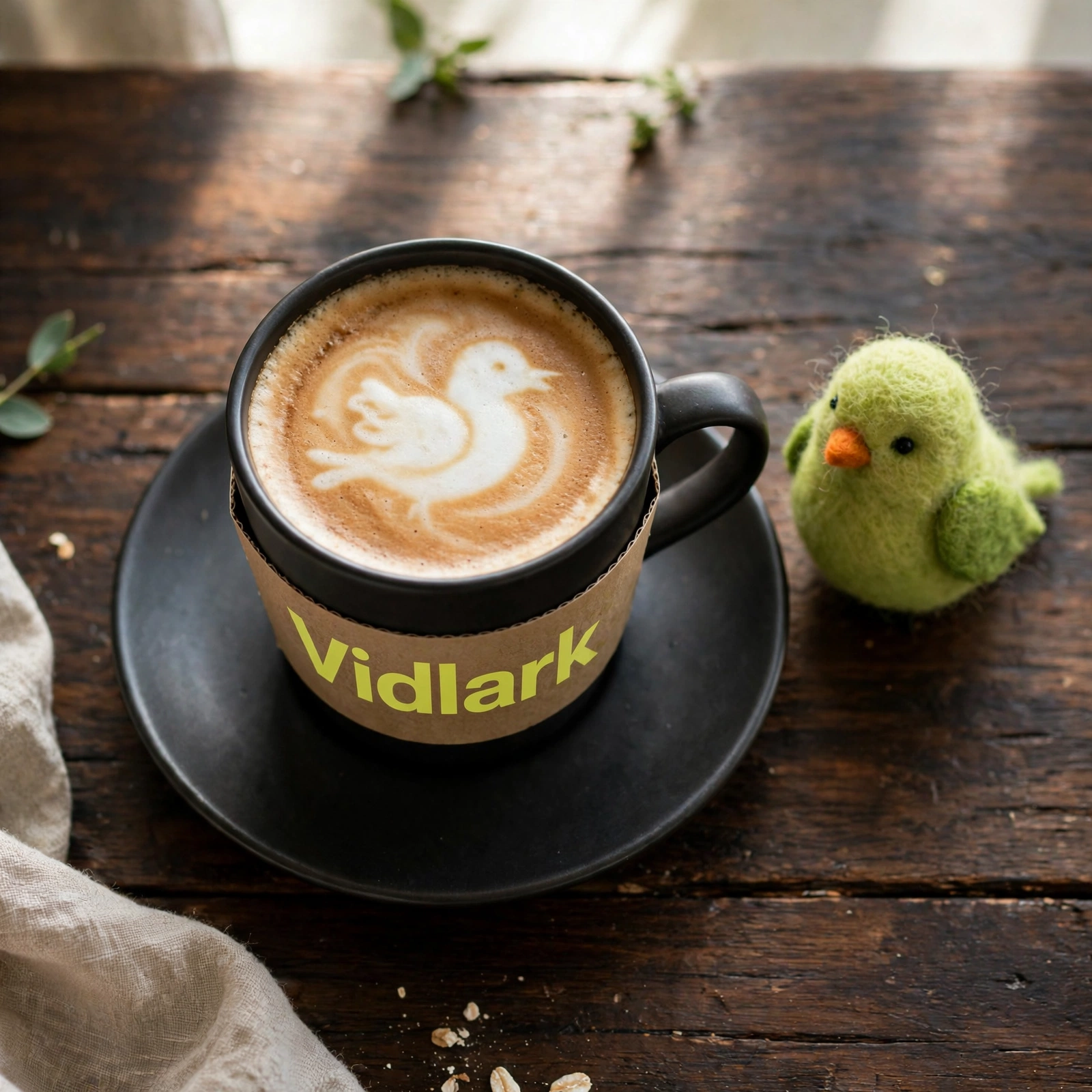 Muse Image example: Latte with bird latte art in a black cup with a Vidlark sleeve, a felt lark figurine beside it