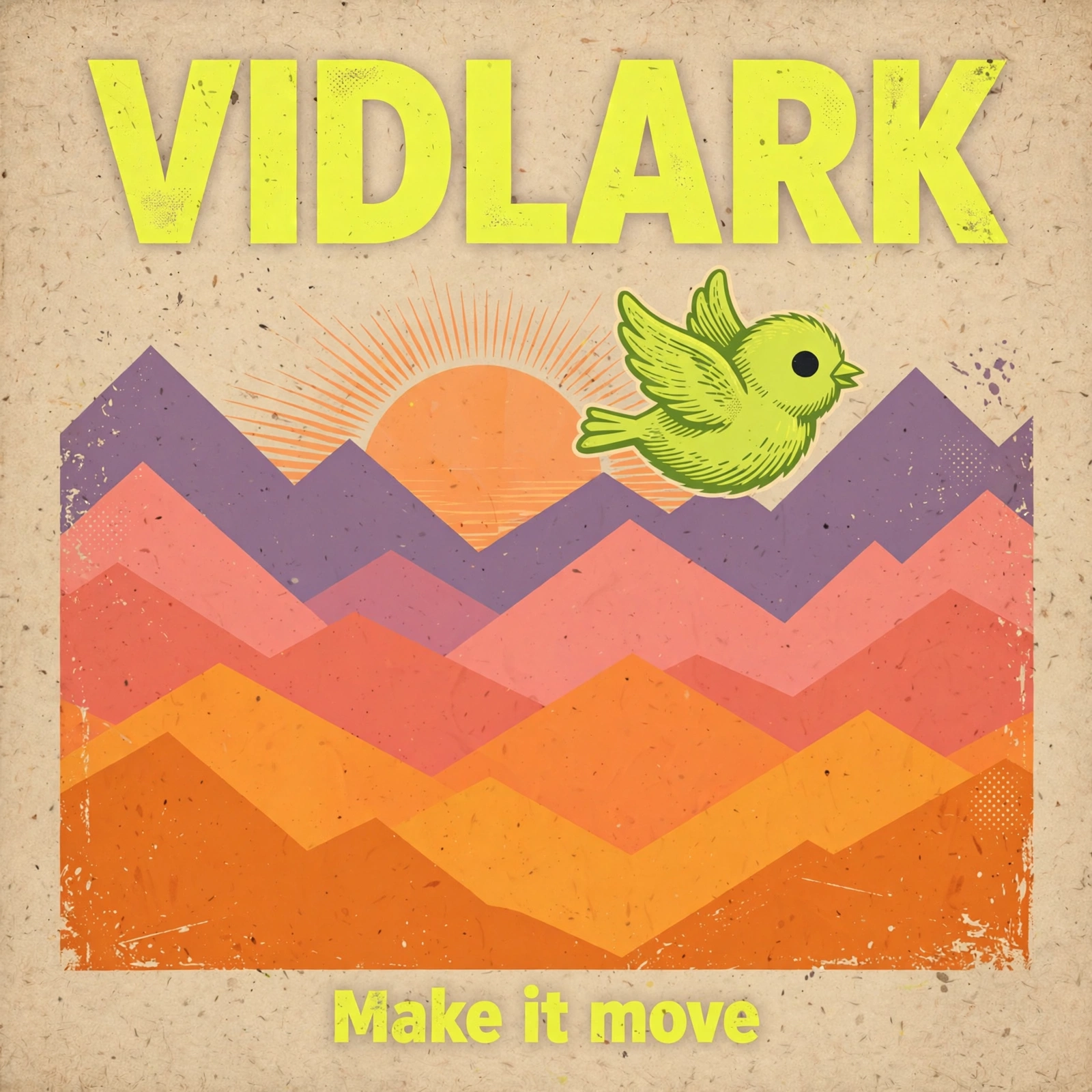 Muse Image example: Retro travel poster reading VIDLARK and Make it move, a lime-green bird flying over sunset mountains