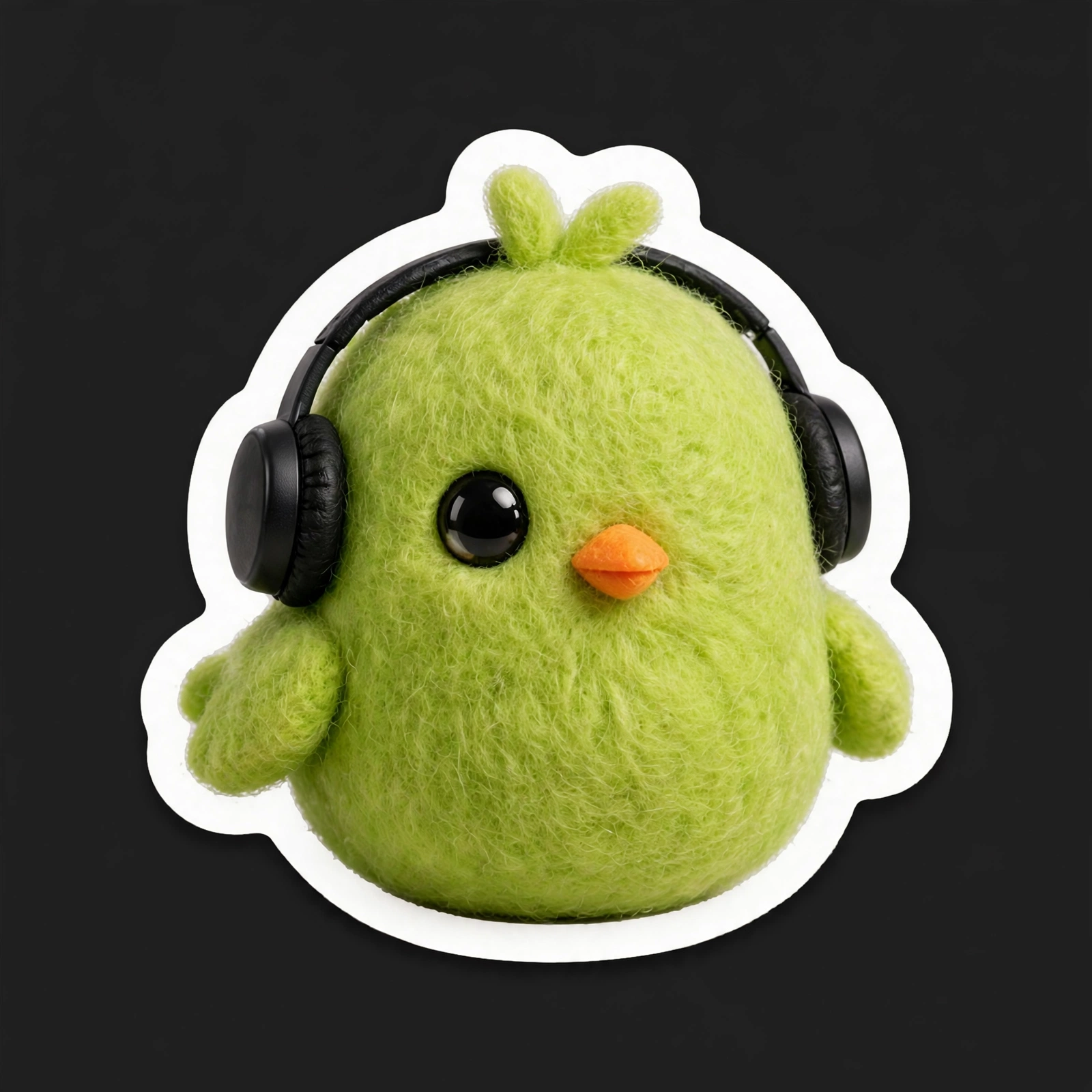 Muse Image example: Die-cut sticker of the felt lark mascot wearing headphones on a dark background