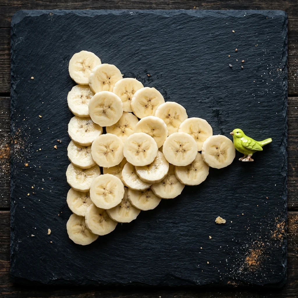Nano Banana 2.1 example: Banana slices laid out as a play-button triangle with a small lark figurine