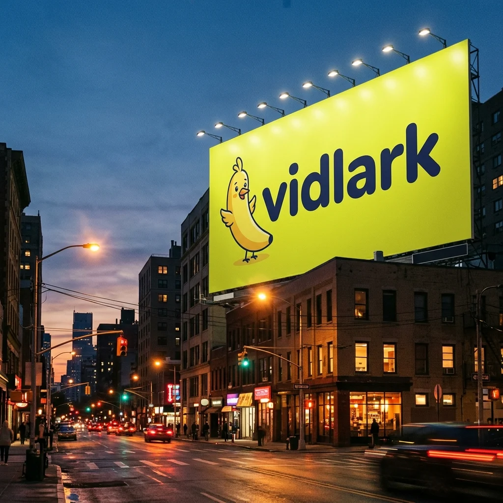 Nano Banana 2.1 example: Lime-yellow billboard reading vidlark on a city street at dusk