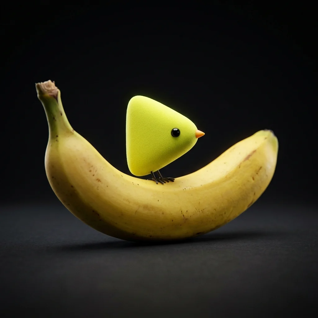 Nano Banana 2.1 example: Lime-yellow triangle bird mascot perched on a banana, studio photo