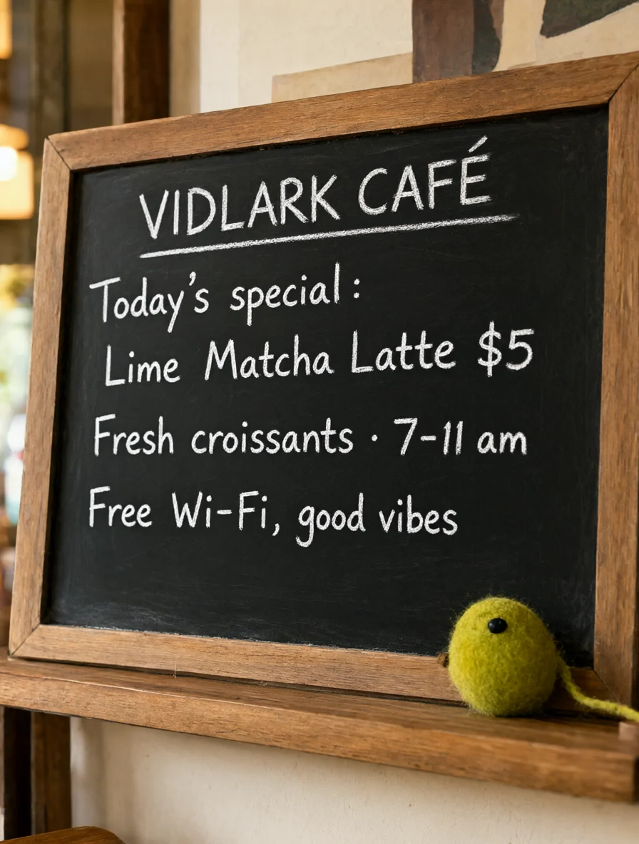 Qwen Image 2.1 example: Café chalkboard menu reading Vidlark Café, Today's special: Lime Matcha Latte $5, a felt lark on…