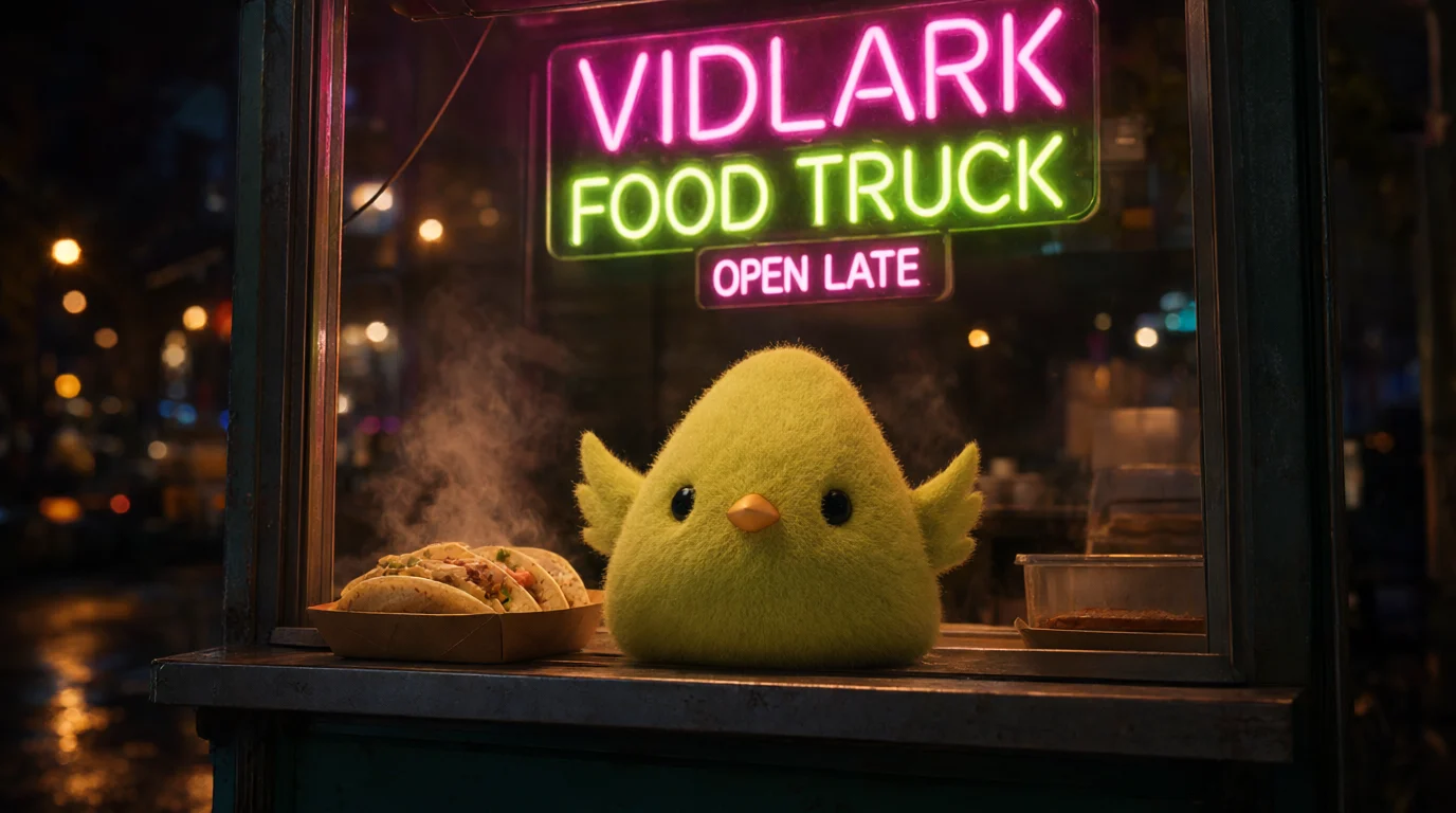 Qwen Image 2.1 example: The felt lark mascot on a food truck counter under a Vidlark Food Truck neon sign, edited from the…