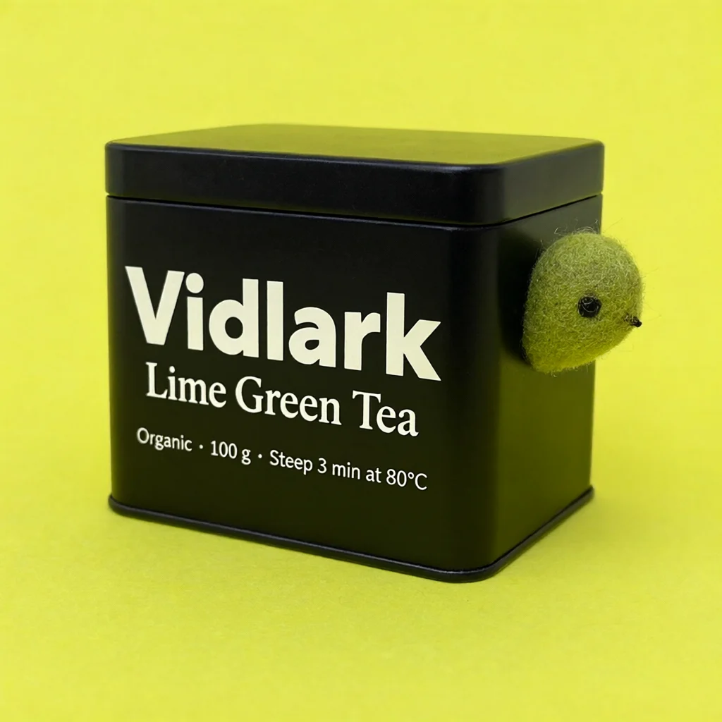 Qwen Image 2.1 example: Black tea tin labelled Vidlark Lime Green Tea, Organic, 100 g, on a lime background