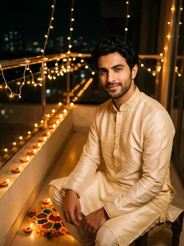 Diwali: kurta en un balcón con diyas