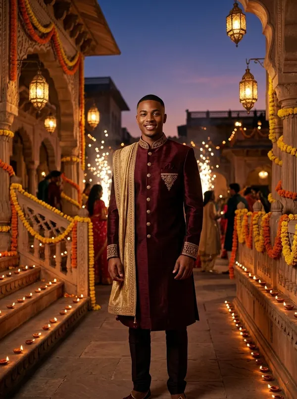 Diwali: sherwani granate en un patio de palacio