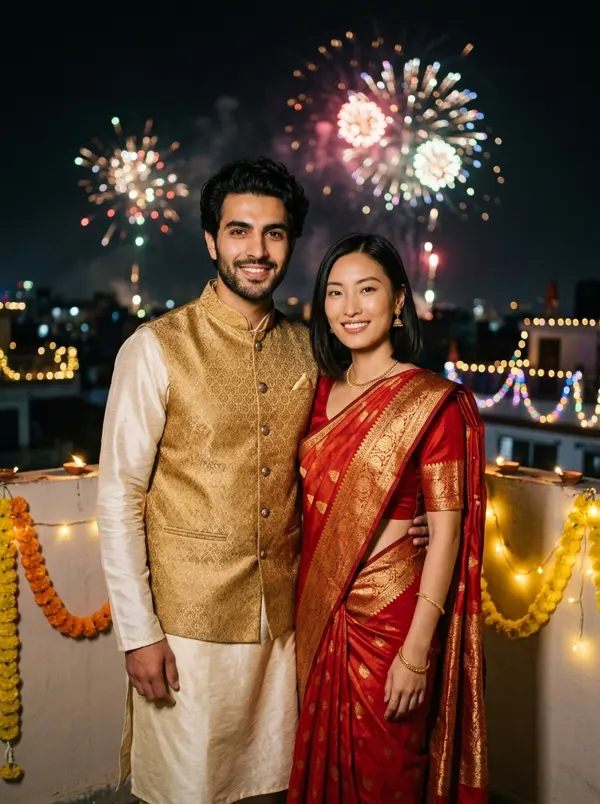 Diwali: pareja en una azotea con fuegos artificiales