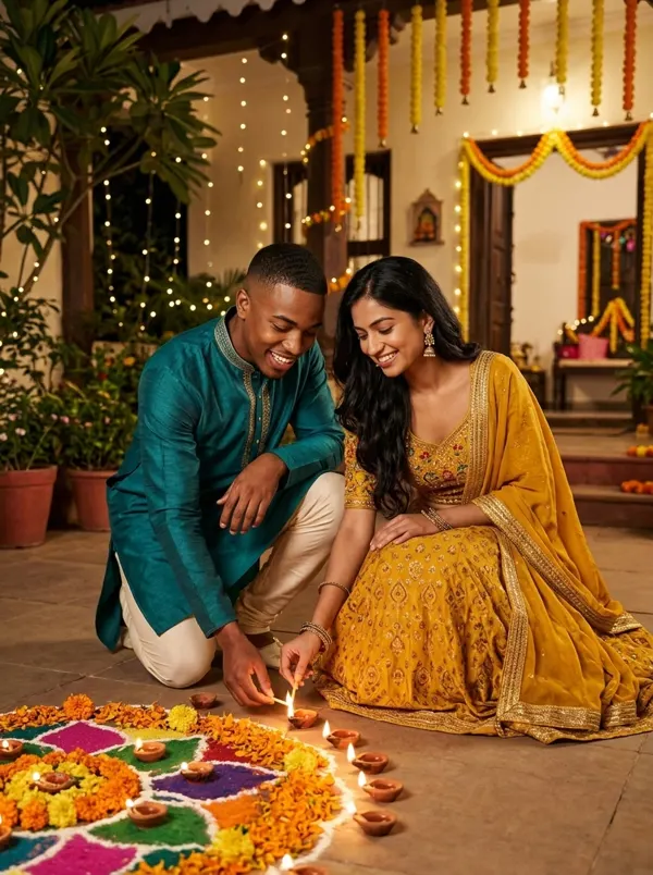 Diwali: pareja encendiendo diyas juntos