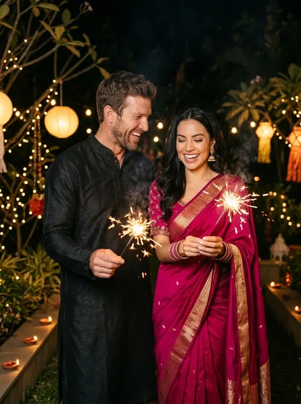 Diwali: pareja con bengalas en el jardín