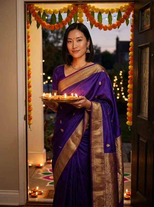 Diwali: sari de seda morado con bandeja de diyas