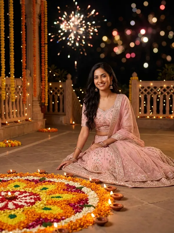 Diwali: lehenga rosa junto al rangoli