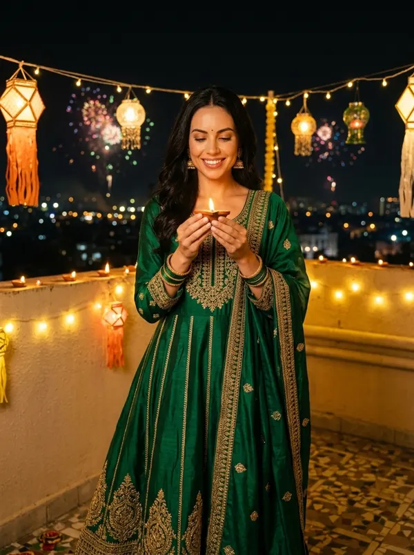 Diwali: anarkali verde bajo los farolillos