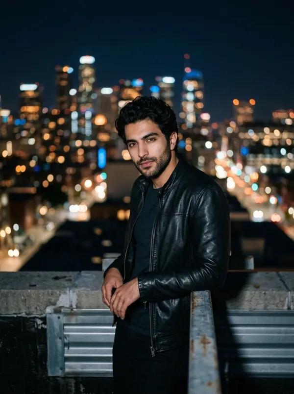 Azotea de noche con luces de la ciudad (hombre)