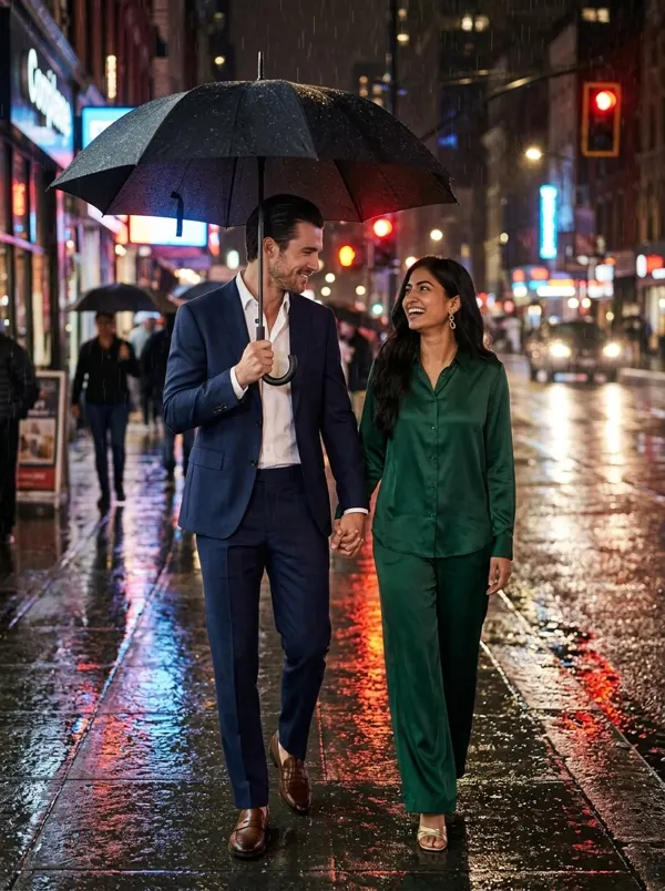 Pareja bajo las luces de la ciudad