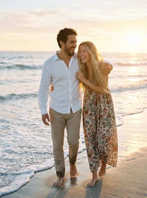 Pareja en la playa al atardecer