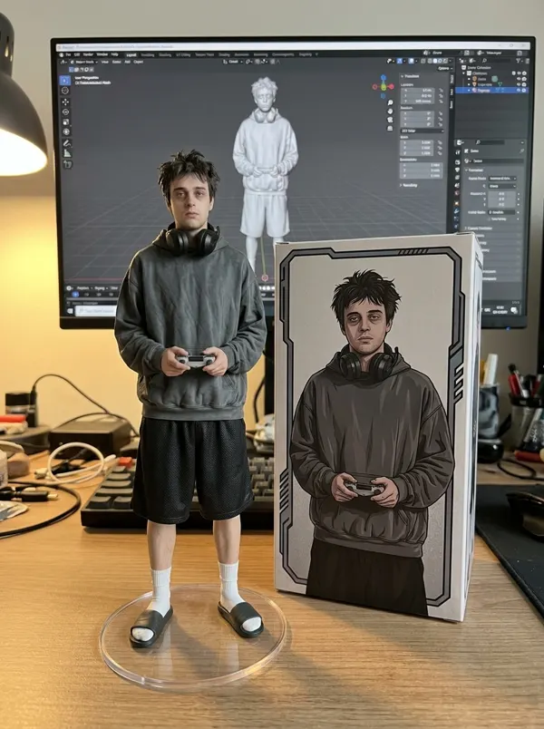 Figura 3D en el escritorio con su caja