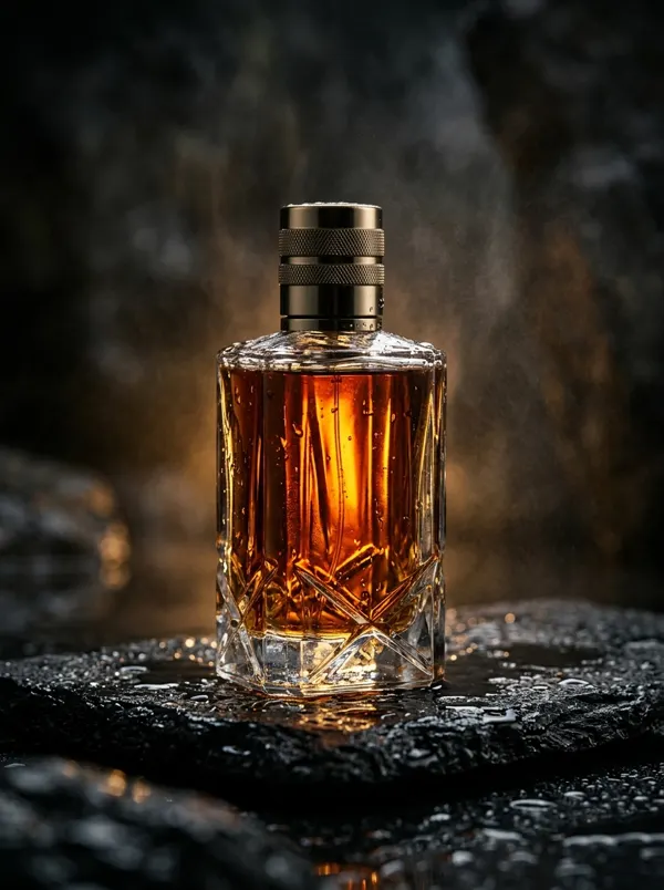 Frasco de perfume sobre piedra mojada