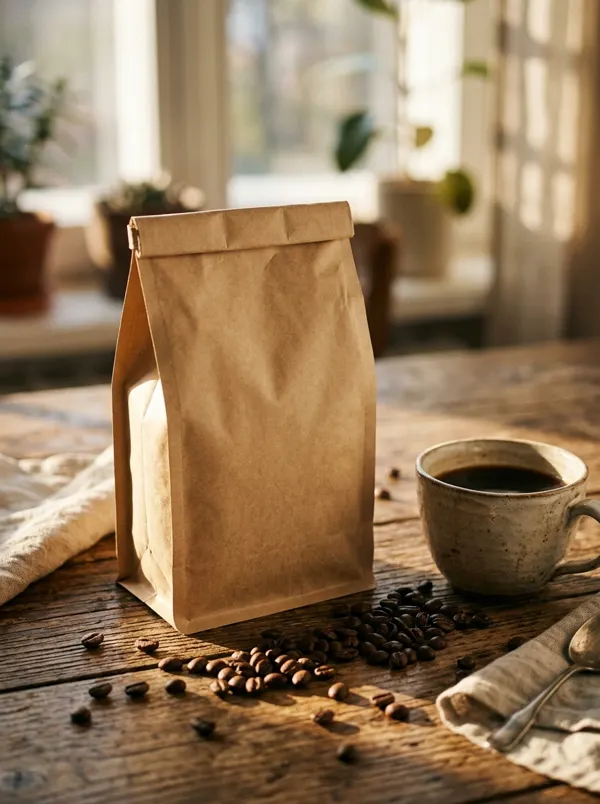 Bolsa de café con granos a la luz de la mañana
