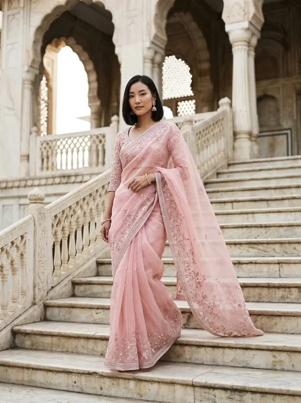 Pink organza saree, palace steps